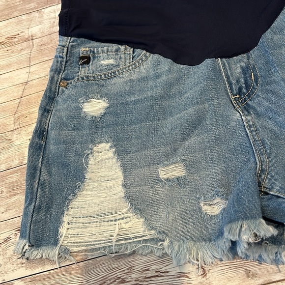 Pinkblush Dark Wash Distressed Fringe Hem Maternity Full Panel Jean Shorts - Picture 5 of 10